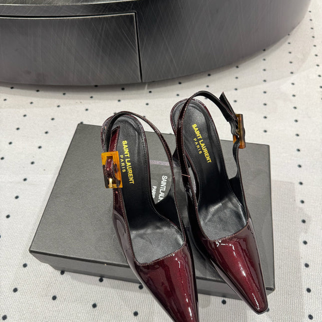 YSL 26S SLINGBACK HEELS 105 MM IN DARK RED GLOSSY CALFSKIN WITH BUCKLE CLOSURE
