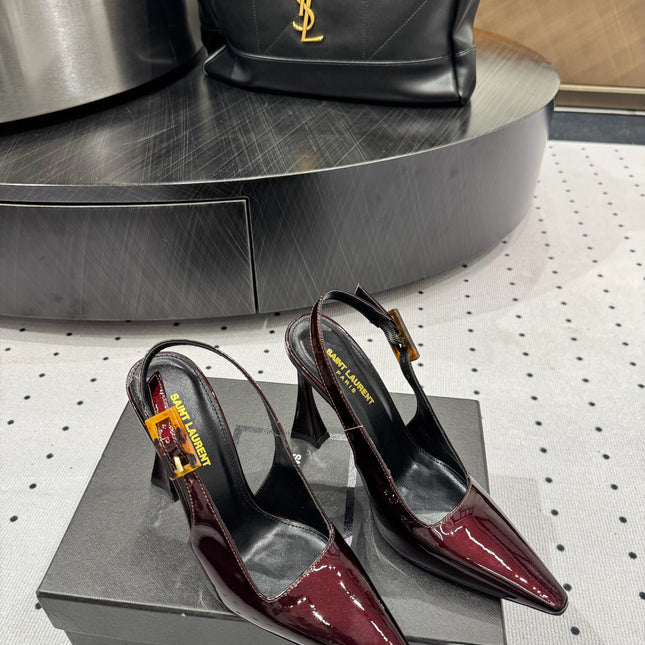 YSL 26S SLINGBACK HEELS 105 MM IN DARK RED GLOSSY CALFSKIN WITH BUCKLE CLOSURE