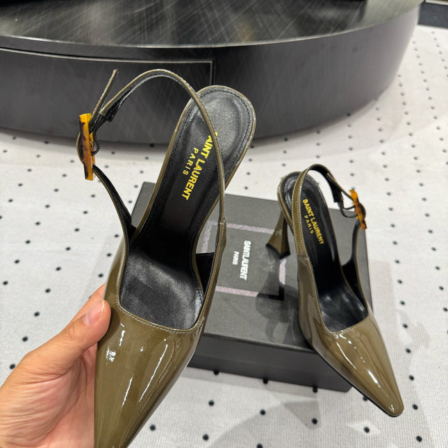 YSL 26S SLINGBACK HEELS 105 MM IN OLIVE GREEN GLOSSY CALFSKIN WITH BUCKLE CLOSURE
