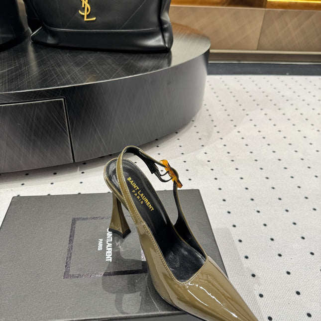YSL 26S SLINGBACK HEELS 105 MM IN OLIVE GREEN GLOSSY CALFSKIN WITH BUCKLE CLOSURE