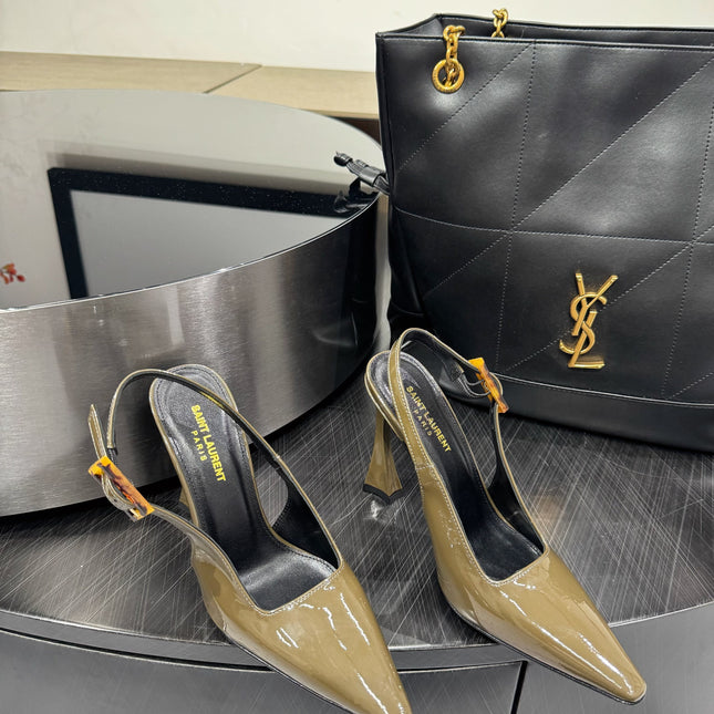 YSL 26S SLINGBACK HEELS 105 MM IN OLIVE GREEN GLOSSY CALFSKIN WITH BUCKLE CLOSURE