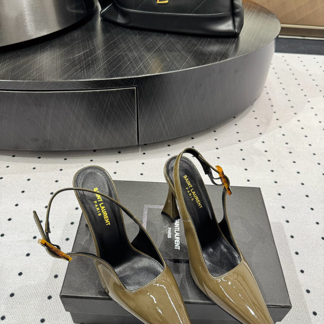 YSL 26S SLINGBACK HEELS 105 MM IN OLIVE GREEN GLOSSY CALFSKIN WITH BUCKLE CLOSURE