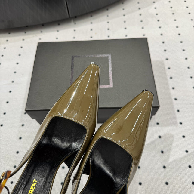 YSL 26S SLINGBACK HEELS 105 MM IN OLIVE GREEN GLOSSY CALFSKIN WITH BUCKLE CLOSURE