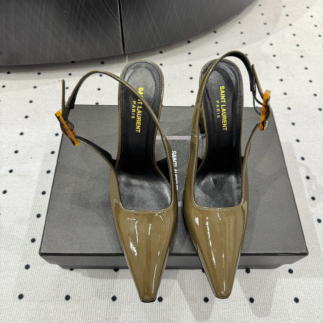 YSL 26S SLINGBACK HEELS 105 MM IN OLIVE GREEN GLOSSY CALFSKIN WITH BUCKLE CLOSURE