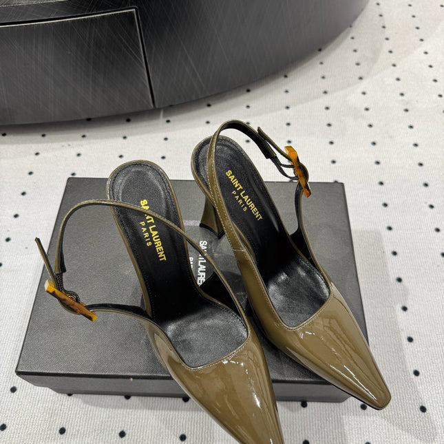 YSL 26S SLINGBACK HEELS 105 MM IN OLIVE GREEN GLOSSY CALFSKIN WITH BUCKLE CLOSURE