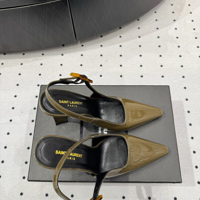 YSL 26S SLINGBACK HEELS 105 MM IN OLIVE GREEN GLOSSY CALFSKIN WITH BUCKLE CLOSURE