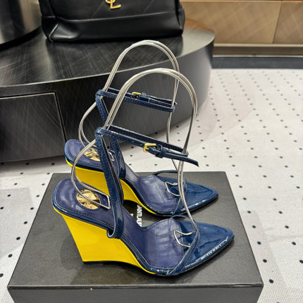 YSL 26S WEDGE HEELS 105 MM IN NAVY BLUE GLOSSY CALFSKIN