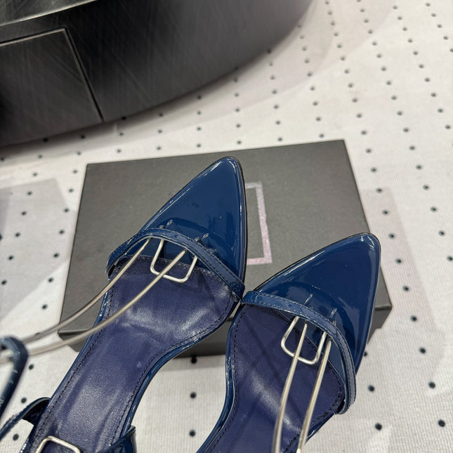 YSL 26S WEDGE HEELS 105 MM IN NAVY BLUE GLOSSY CALFSKIN