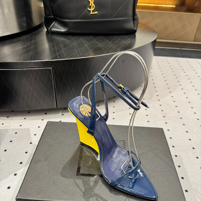 YSL 26S WEDGE HEELS 105 MM IN NAVY BLUE GLOSSY CALFSKIN