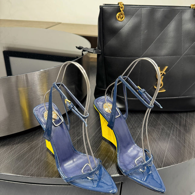 YSL 26S WEDGE HEELS 105 MM IN NAVY BLUE GLOSSY CALFSKIN