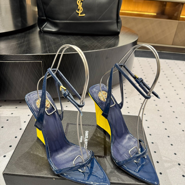 YSL 26S WEDGE HEELS 105 MM IN NAVY BLUE GLOSSY CALFSKIN