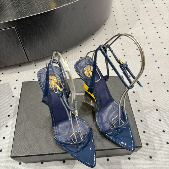 YSL 26S WEDGE HEELS 105 MM IN NAVY BLUE GLOSSY CALFSKIN