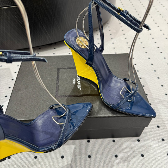YSL 26S WEDGE HEELS 105 MM IN NAVY BLUE GLOSSY CALFSKIN