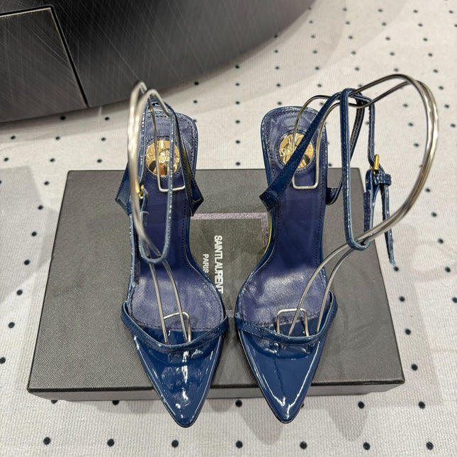 YSL 26S WEDGE HEELS 105 MM IN NAVY BLUE GLOSSY CALFSKIN