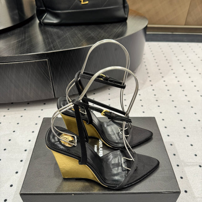 YSL 26S METAL-CAPPED WEDGE HEELS 105 MM IN BLACK SATIN