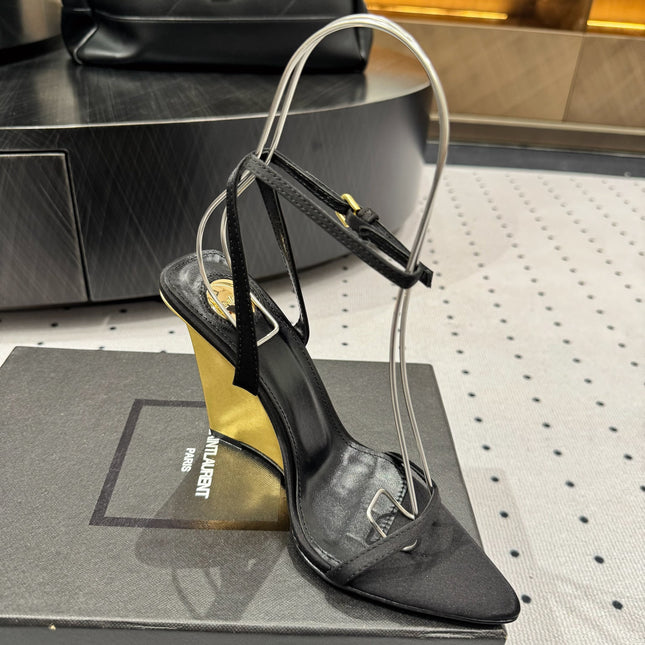 YSL 26S METAL-CAPPED WEDGE HEELS 105 MM IN BLACK SATIN