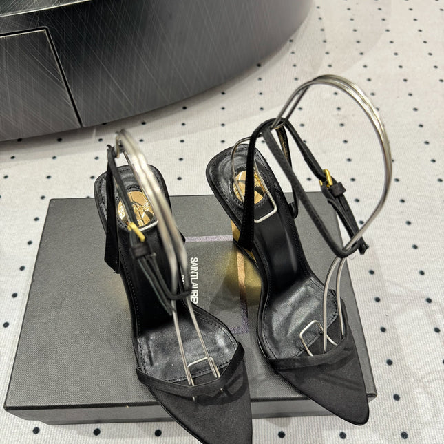 YSL 26S METAL-CAPPED WEDGE HEELS 105 MM IN BLACK SATIN