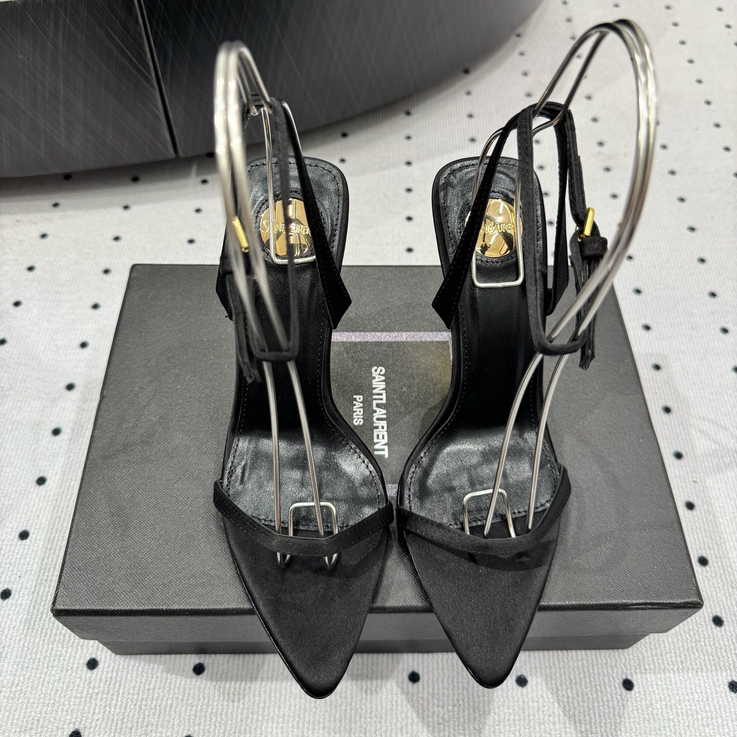 YSL 26S METAL-CAPPED WEDGE HEELS 105 MM IN BLACK SATIN