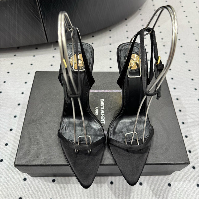 YSL 26S METAL-CAPPED WEDGE HEELS 105 MM IN BLACK SATIN
