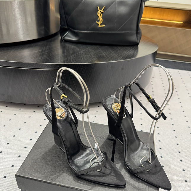 YSL 26S WEDGE HEELS 105 MM IN BLACK SATIN