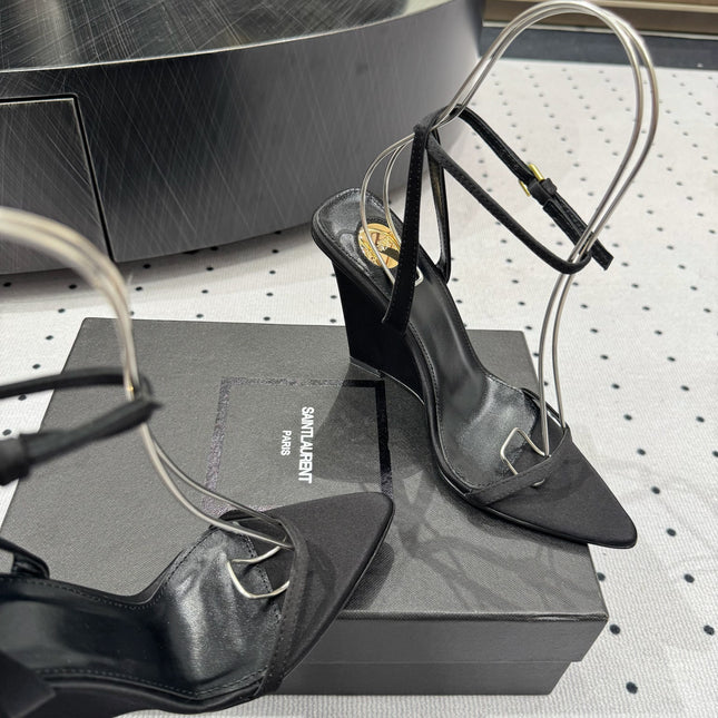 YSL 26S WEDGE HEELS 105 MM IN BLACK SATIN