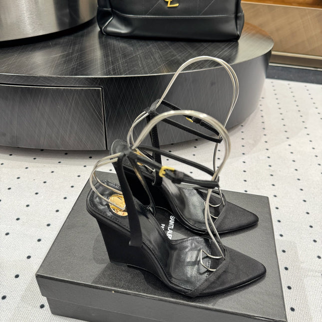 YSL 26S WEDGE HEELS 105 MM IN BLACK SATIN