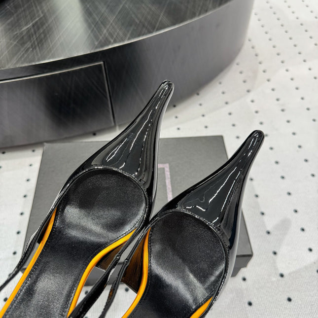 YSL 26S POINTED-TOE SLINGBACK HEELS 105 MM IN BLACK AND ORANGE PATENT CALFSKIN STYLE 4