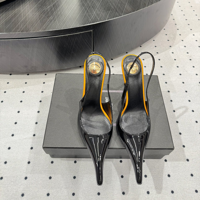 YSL 26S POINTED-TOE SLINGBACK HEELS 105 MM IN BLACK AND ORANGE PATENT CALFSKIN STYLE 4