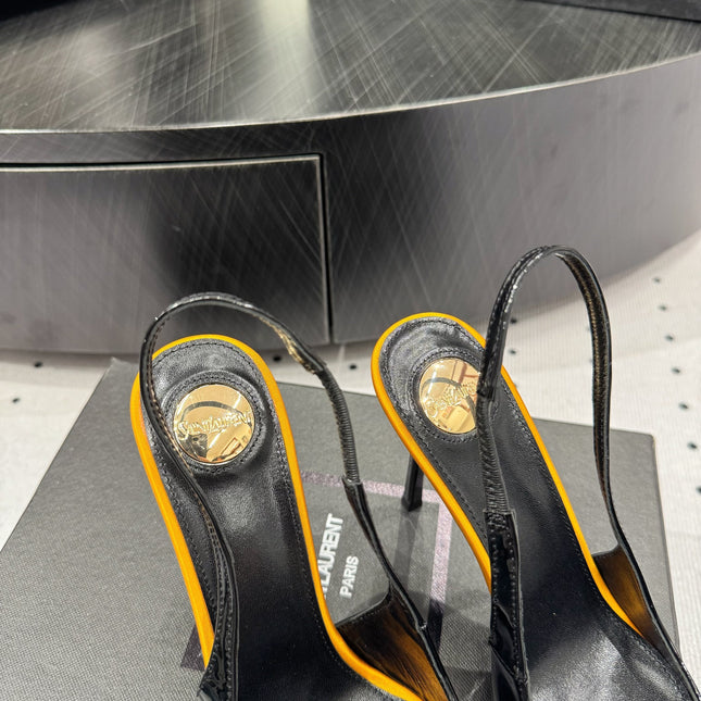 YSL 26S POINTED-TOE SLINGBACK HEELS 105 MM IN BLACK AND ORANGE PATENT CALFSKIN STYLE 4
