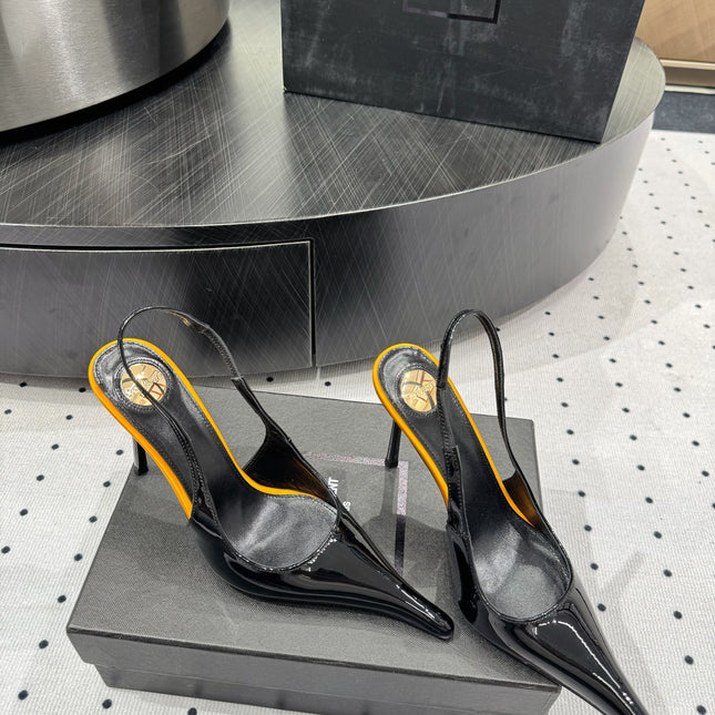 YSL 26S POINTED-TOE SLINGBACK HEELS 105 MM IN BLACK AND ORANGE PATENT CALFSKIN STYLE 4