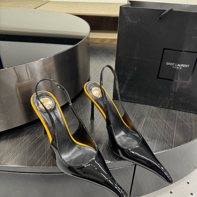 YSL 26S POINTED-TOE SLINGBACK HEELS 105 MM IN BLACK AND ORANGE PATENT CALFSKIN STYLE 4