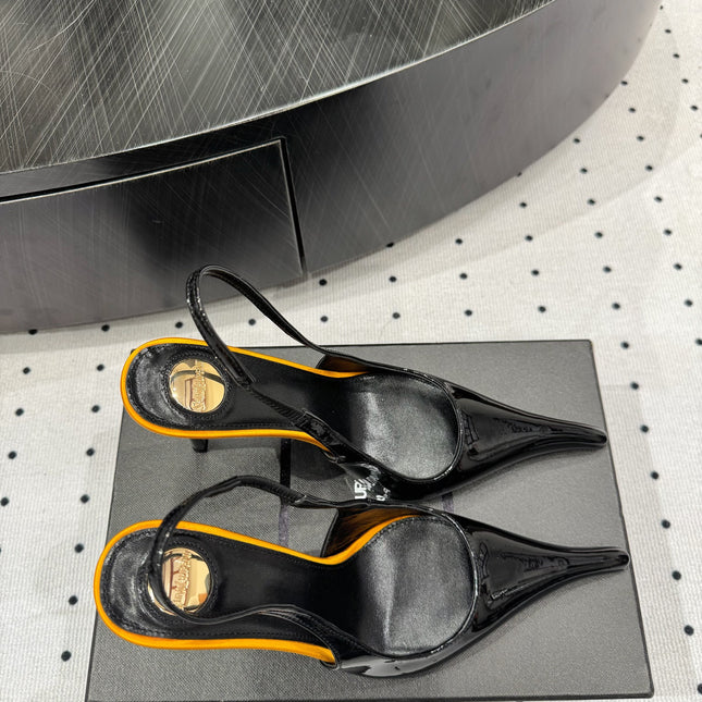 YSL 26S POINTED-TOE SLINGBACK HEELS 105 MM IN BLACK AND ORANGE PATENT CALFSKIN STYLE 4