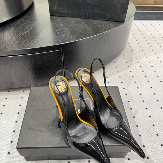 YSL 26S POINTED-TOE SLINGBACK HEELS 105 MM IN BLACK AND ORANGE PATENT CALFSKIN STYLE 4