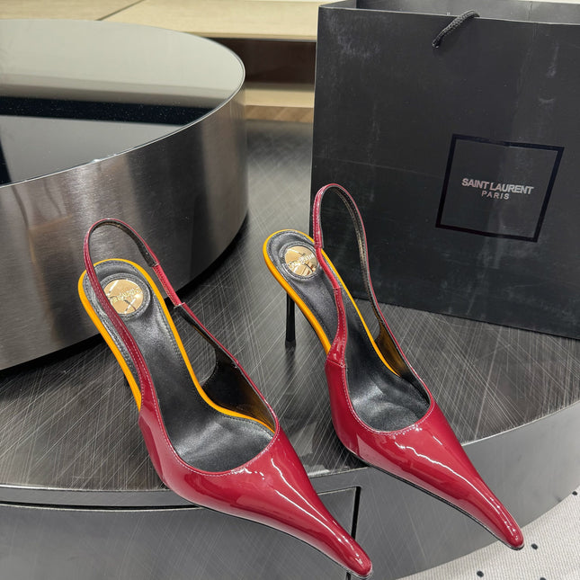 YSL 26S POINTED-TOE SLINGBACK HEELS 105 MM IN DARK RED AND ORANGE PATENT CALFSKIN STYLE 3