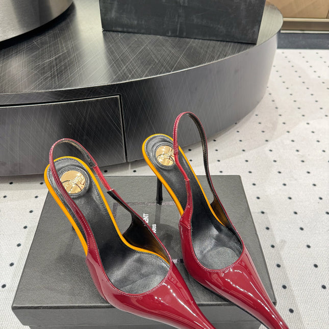 YSL 26S POINTED-TOE SLINGBACK HEELS 105 MM IN DARK RED AND ORANGE PATENT CALFSKIN STYLE 3