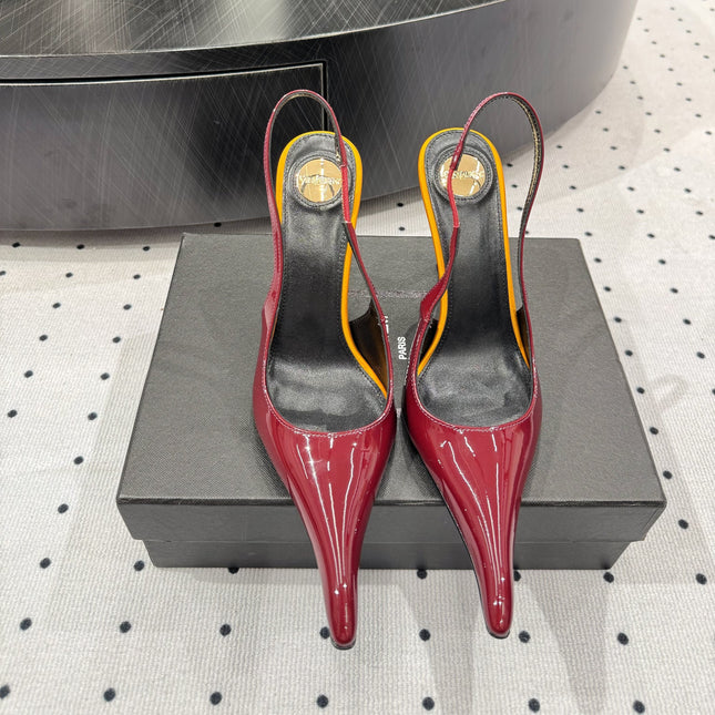 YSL 26S POINTED-TOE SLINGBACK HEELS 105 MM IN DARK RED AND ORANGE PATENT CALFSKIN STYLE 3