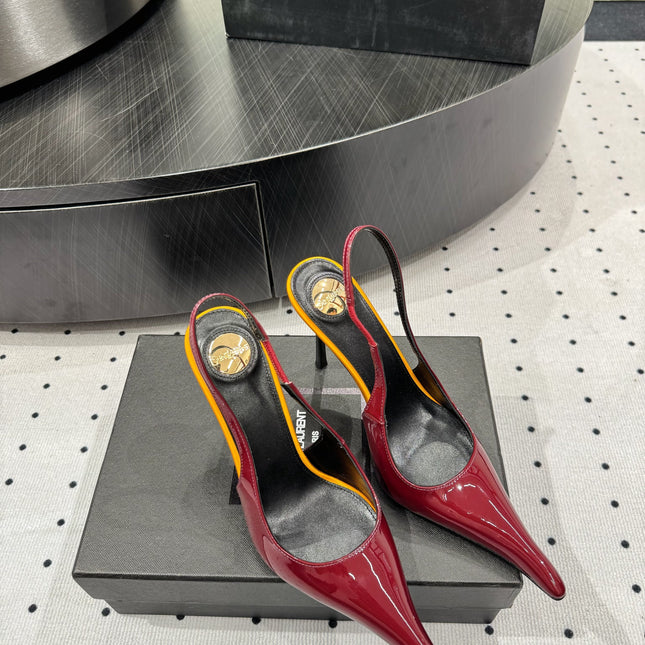 YSL 26S POINTED-TOE SLINGBACK HEELS 105 MM IN DARK RED AND ORANGE PATENT CALFSKIN STYLE 3