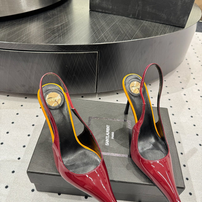 YSL 26S POINTED-TOE SLINGBACK HEELS 105 MM IN DARK RED AND ORANGE PATENT CALFSKIN STYLE 3