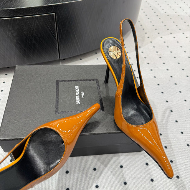 YSL 26S POINTED-TOE SLINGBACK HEELS 105 MM IN DARK ORANGE PATENT CALFSKIN STYLE 2