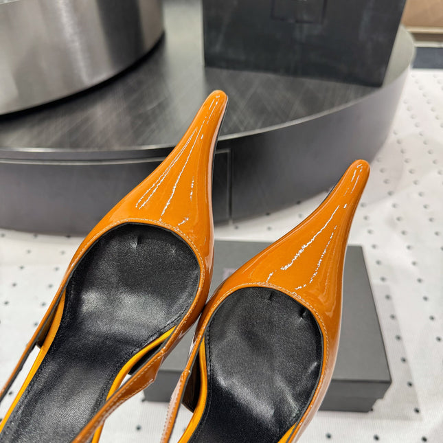 YSL 26S POINTED-TOE SLINGBACK HEELS 105 MM IN DARK ORANGE PATENT CALFSKIN STYLE 2