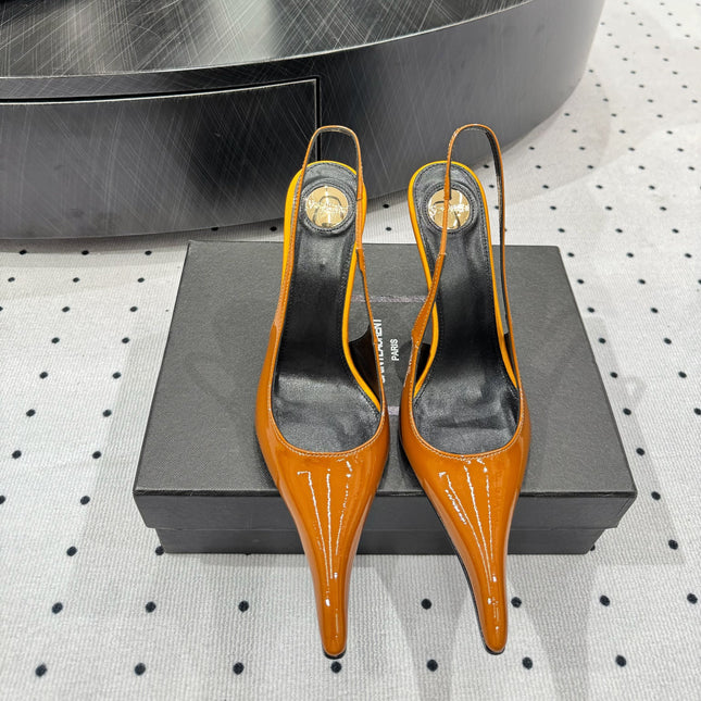 YSL 26S POINTED-TOE SLINGBACK HEELS 105 MM IN DARK ORANGE PATENT CALFSKIN STYLE 2