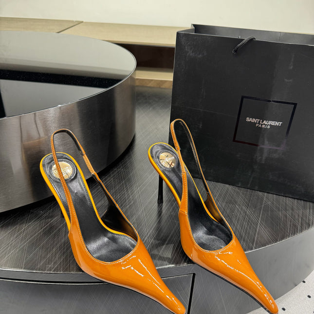 YSL 26S POINTED-TOE SLINGBACK HEELS 105 MM IN DARK ORANGE PATENT CALFSKIN STYLE 2