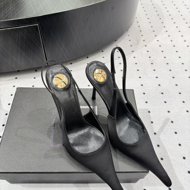 YSL 26S POINTED-TOE SLINGBACK HEELS 105 MM IN BLACK SATIN