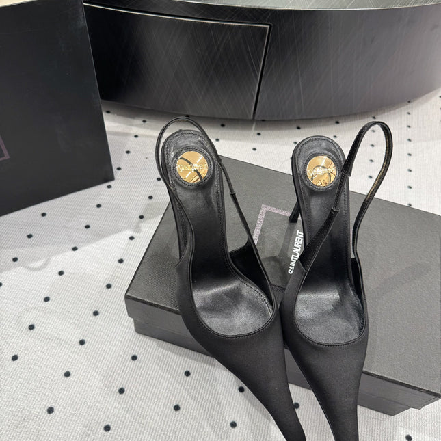 YSL 26S POINTED-TOE SLINGBACK HEELS 105 MM IN BLACK SATIN