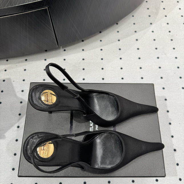 YSL 26S POINTED-TOE SLINGBACK HEELS 105 MM IN BLACK SATIN