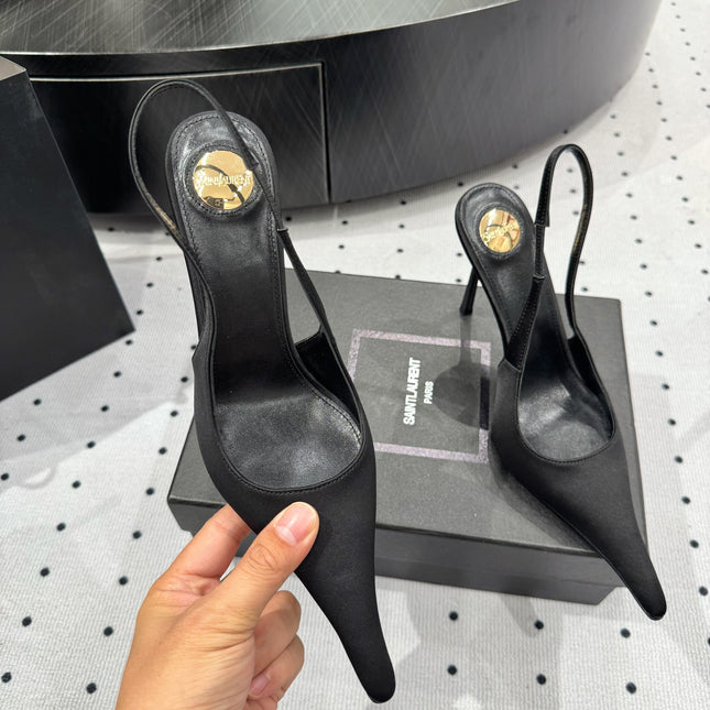 YSL 26S POINTED-TOE SLINGBACK HEELS 105 MM IN BLACK SATIN