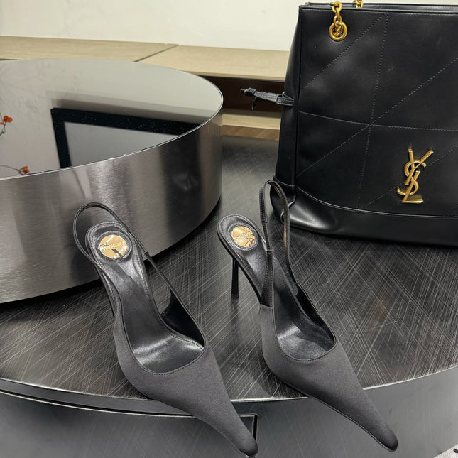 YSL 26S POINTED-TOE SLINGBACK HEELS 105 MM IN BLACK SATIN