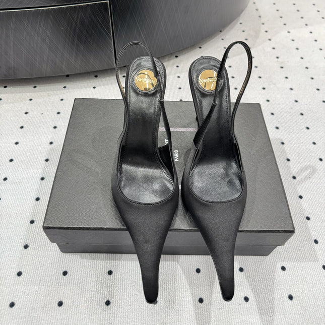 YSL 26S POINTED-TOE SLINGBACK HEELS 105 MM IN BLACK SATIN