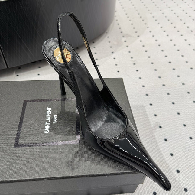 YSL 26S POINTED-TOE SLINGBACK HEELS 105 MM IN BLACK PATENT CALFSKIN STYLE 1