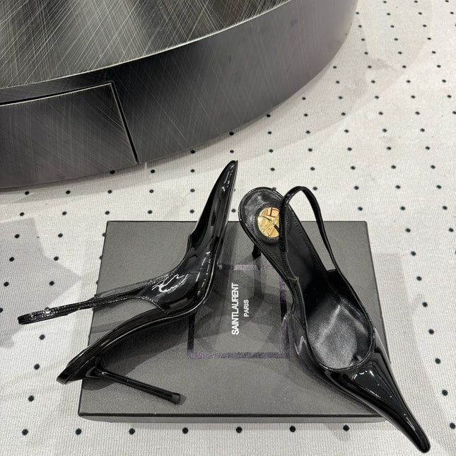 YSL 26S POINTED-TOE SLINGBACK HEELS 105 MM IN BLACK PATENT CALFSKIN STYLE 1